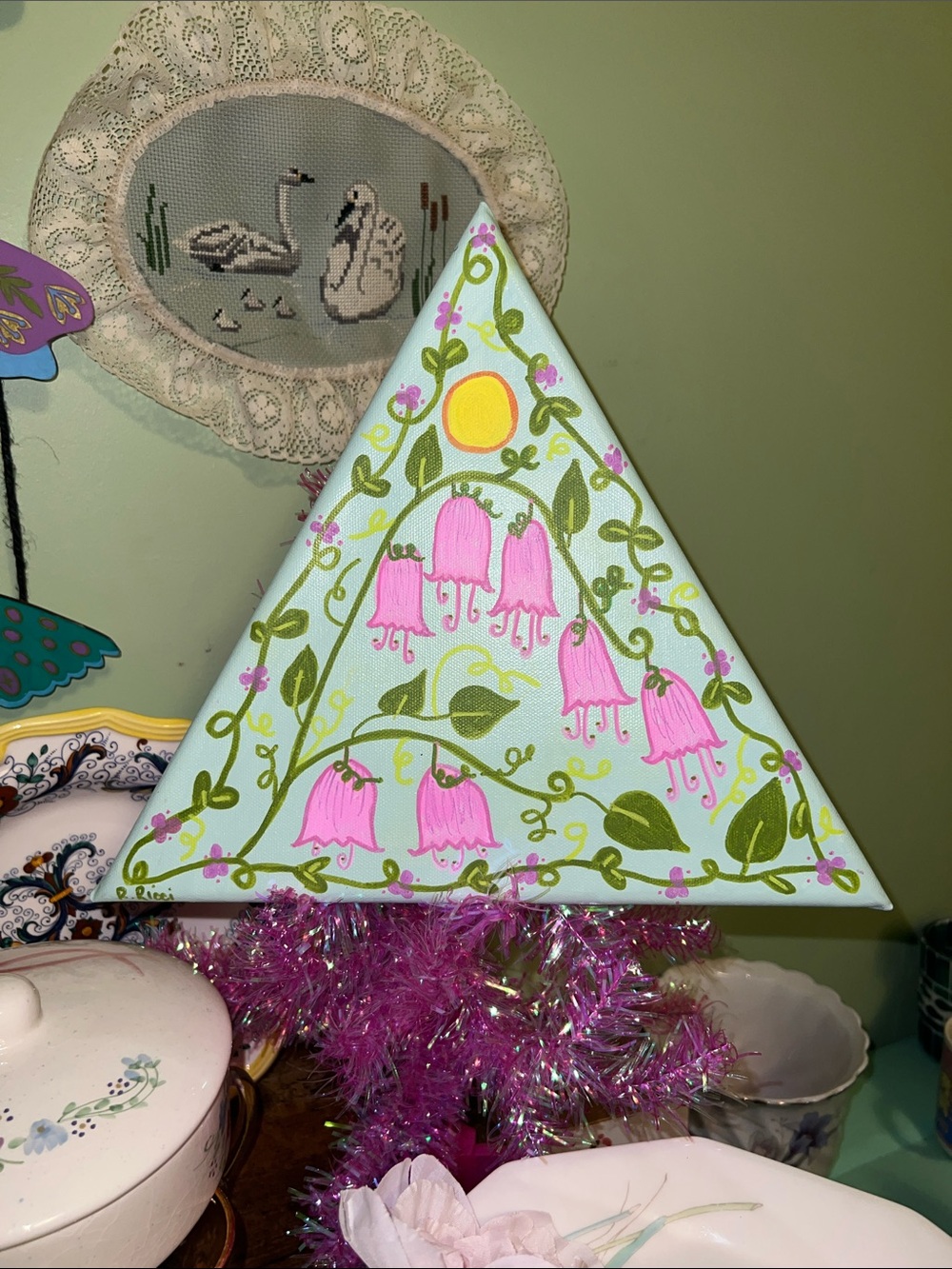 Hand-Painted Pink Bellflower Triangle Canvas